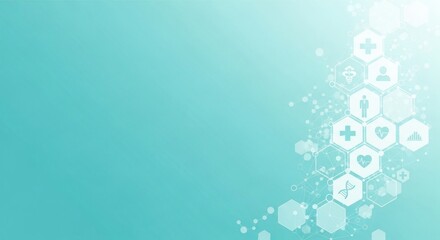 Abstract medical and health technology background with interconnected hexagons and digital icons, representing healthcare innovation and data