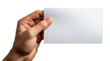 Hand holding blank paper label — high-resolution isolated mockup on transparent background (PNG), realistic cutout for branding, packaging, price tag, sticker, and advertising design presentations