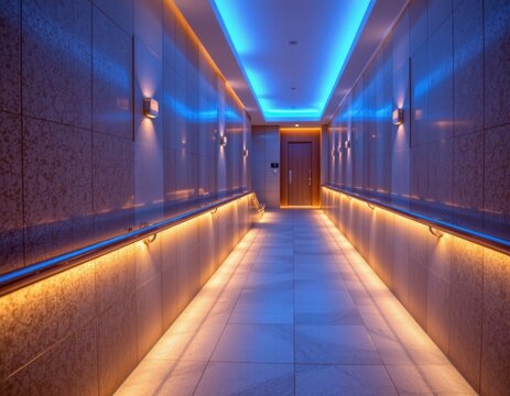 a hotel spa walkway with soft warm led lighting under handrails, promoting relaxation while guiding guests safely.