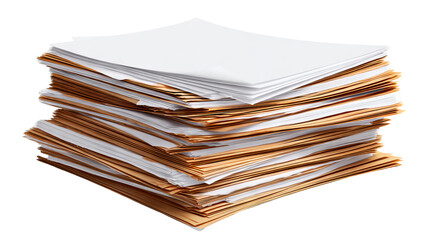 High stack of paper documents — high-resolution PNG-style isolated cutout on transparent background for office paperwork, reports, editorial layouts, publishing templates, printing and stationery