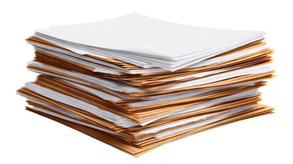 High stack of paper documents — high-resolution PNG-style isolated cutout on transparent background for office paperwork, reports, editorial layouts, publishing templates, printing and stationery