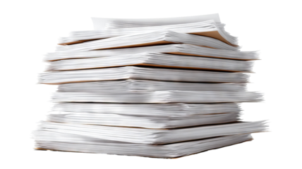 High stack of paper documents — high-resolution PNG-style isolated cutout on transparent background for office paperwork, reports, editorial layouts, publishing templates, printing and stationery