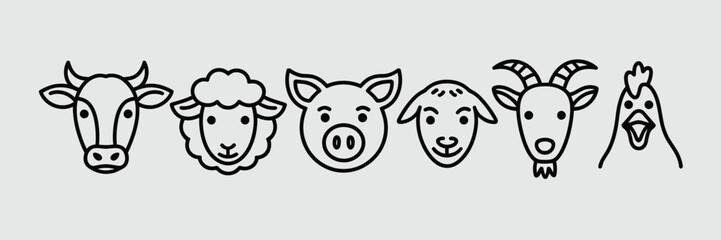 Obraz premium Farm animals vector icons set: cow sheep pig goat and chicken outline illustration for design project