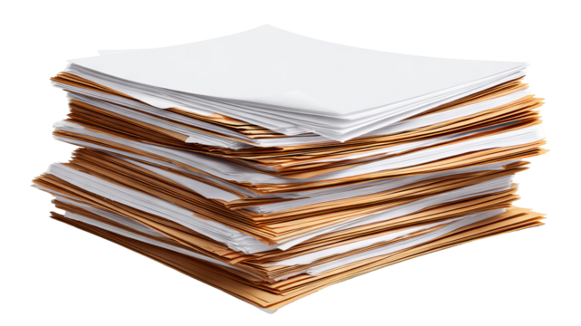 High stack of paper documents — high-resolution PNG-style isolated cutout on transparent background for office paperwork, reports, editorial layouts, publishing templates, printing and stationery