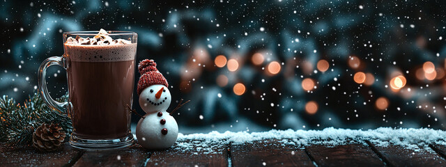 A cute snowman stands next to a cup of hot cocoa with cream on a wooden floor, with a beautiful snowy forest in the background - perfect for a winter banner with copy space