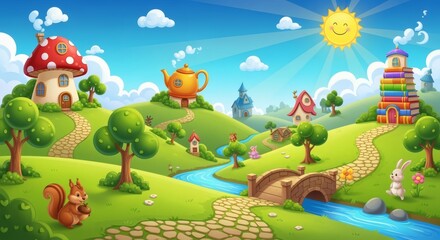 Bright cartoon scenery featuring simple mountains, stylized trees, and fluffy clouds for illustration
