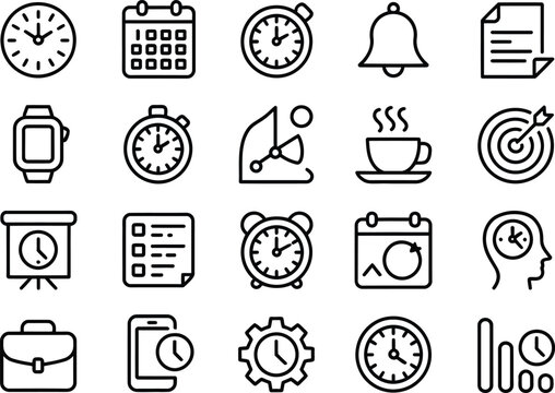 Time management productivity planning schedule deadline organization efficiency vector icon set design