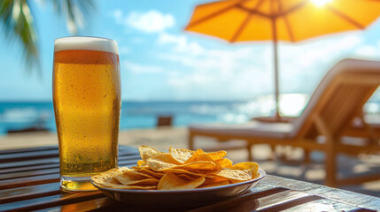 Glass of beer and chips standing on wooden table against background of sun lounger with beach umbrella against blurred background of ocean and sunny skies