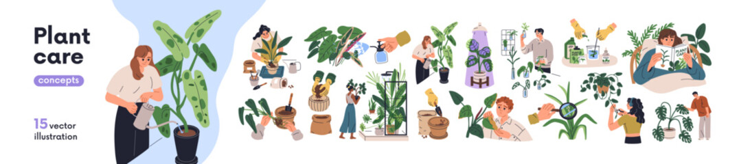 Plant care, home gardening set. Growing houseplants, pruning, watering, fertilizing, spraying and repotting. Nurturing indoor greenery in pots. Flat vector illustration isolated on white background