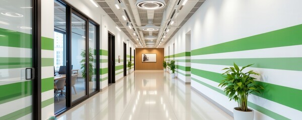 a creative studio hallway with green accent stripes against soft white walls, stimulating employee engagement and encouraging fresh ideas while maintaining elegance.