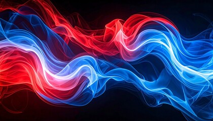 Abstract swirl of red and blue energy waves intertwining on black background, symbolizing dynamic contrast and elemental motion.