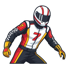 Cartoon illustration of a race car driver in a red, white, and black racing suit with number 7 and a helmet