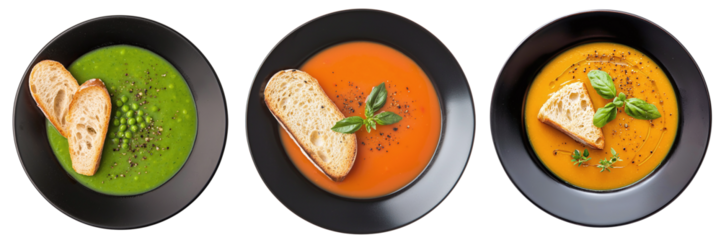 Set of delicious restaurant soups with croutons isolated on transparent background PNG. Pumpkin, pea, tomato