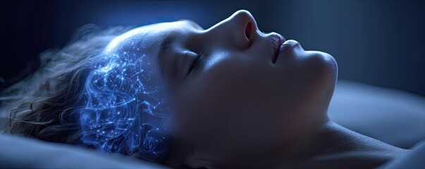 Brain sleep aided by mindful meditation waves concept. A serene portrait of a woman in deep thought and relaxation.