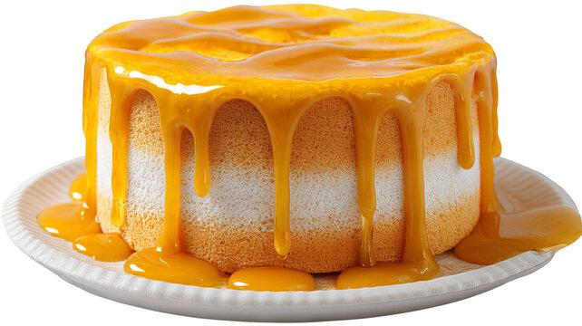 Honey-glazed sponge cake isolated on transparent background — golden dessert PNG cutout, high-resolution food photo with dripping glaze, perfect for bakery menus, packaging mockups, recipe cards