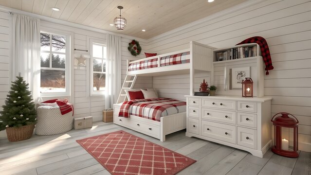 Photoreal Midwest suburban kids room in minimalist design featuring paper lantern pendant and bright white and cranberry red palette