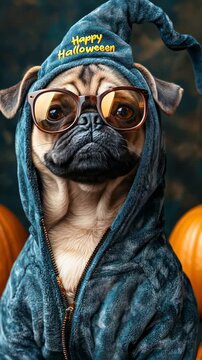 Playful pug in halloween costume with glasses in pumpkin patch enjoying festive vibes