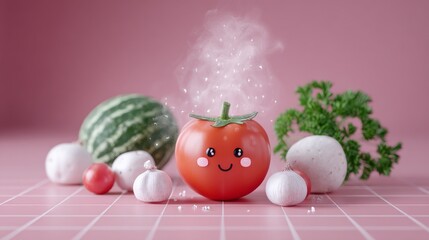 Whimsical tomato character surrounded by fresh vegetables bright pink background digital illustration playful environment