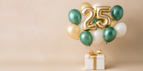 happy birthday greeting card - Golden number 25 text balloon surrounded by green and gold balloons with gift box for celebration anniversary events, isolated on beige bright background