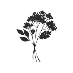 Monochrome silhouette of floral bouquet with delicate leaves and blossoms
