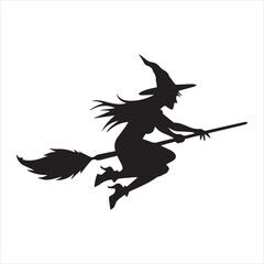 Silhouette illustration of a witch flying on a broom for Halloween design