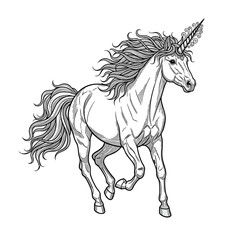 A beautiful black and white line art illustration of a trotting unicorn with a flowing mane.