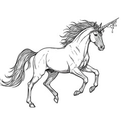 A beautiful black and white line art illustration of a majestic prancing unicorn with a flowing mane and decorated horn.