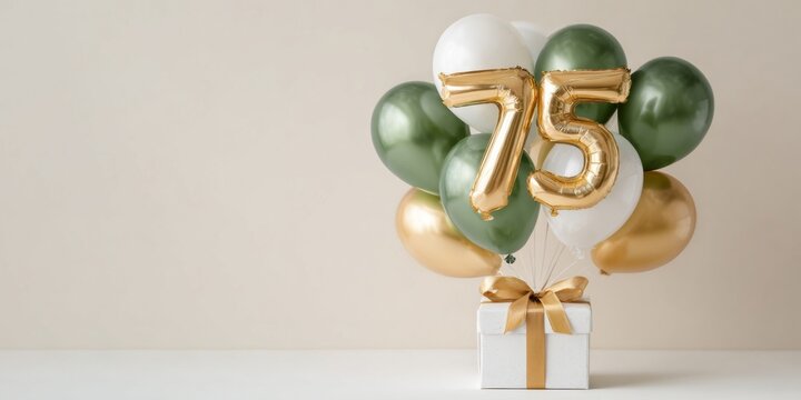 happy birthday greeting card - Golden number 75 text balloon surrounded by green and gold balloons with gift box for celebration anniversary events, isolated on beige bright background