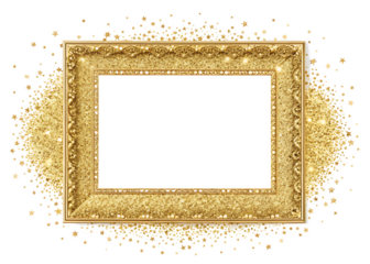Ornate Gold Picture Frame with Sparkling Star Confetti Border on White Background gold frame decorative isolated on a transparent background