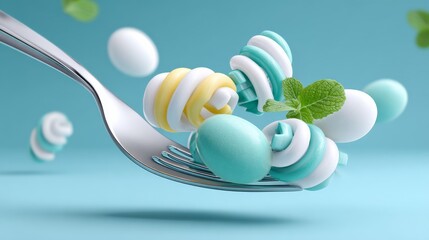 Deliciously styled easter eggs on a fork minimalist background food photography vibrant colors close-up view festive concept