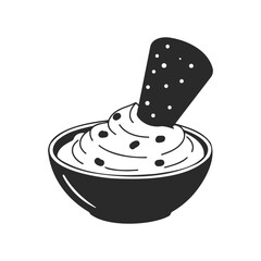 Monochrome bowl of creamy dip with a crunchy chip