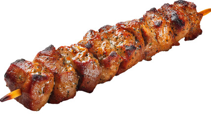 Grilled meat kebab skewer isolated on transparent background — high-resolution PNG cutout of juicy barbecue shish kebab with char marks, realistic food clipart for menu design, packaging, restaurant