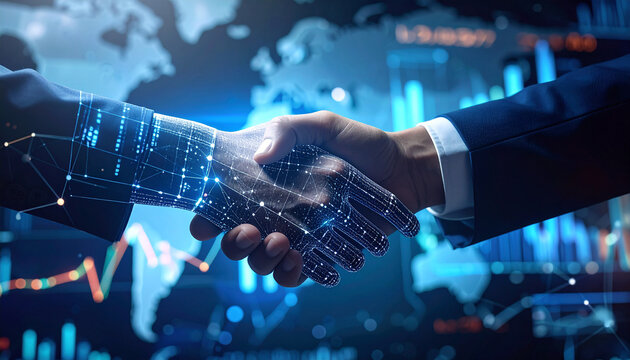 Human-AI Collaboration: A fusion of human and artificial intelligence as they come together, captured in a high-tech environment, forming a symbolic handshake that embodies partnership and innovation.