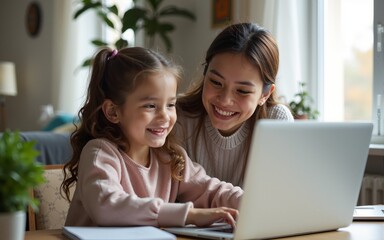Working from home office with kid. Mother and daughter using laptop and Internet. Freelancer workplace. Happy woman teaching little child. Distance learning, isolation, homeschooling. Lifestyle moment