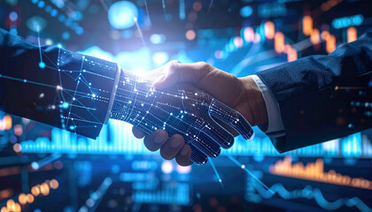 Handshake of Progress: A futuristic fusion of human and technological collaboration, symbolizing a groundbreaking partnership in the ever-evolving landscape of innovation and business