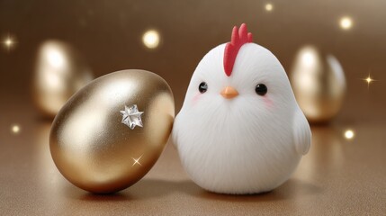 Charming chicken with golden egg studio setting digital art whimsical environment close-up view playful concept