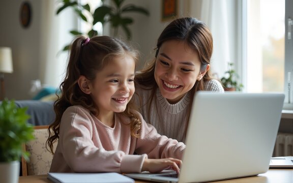Working from home office with kid. Mother and daughter using laptop and Internet. Freelancer workplace. Happy woman teaching little child. Distance learning, isolation, homeschooling. Lifestyle moment