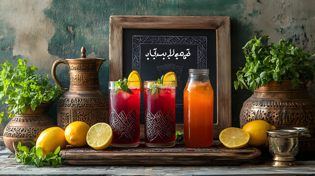 &bull; Iftar drink station with fresh lemonade, Rooh Afza, and traditional sharbat, featuring Ramadan Mubarak in Urdu on a decorative chalkboard isolated on white background in HD 