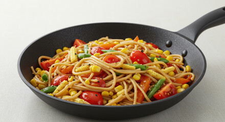 Delicious and Healthy Pasta Dish with Fresh Vegetables in a Pan.