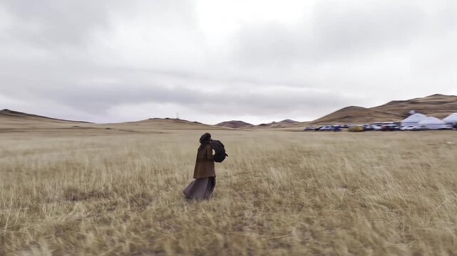Kazakh eagle huntress walking in the steppe with golden eagle