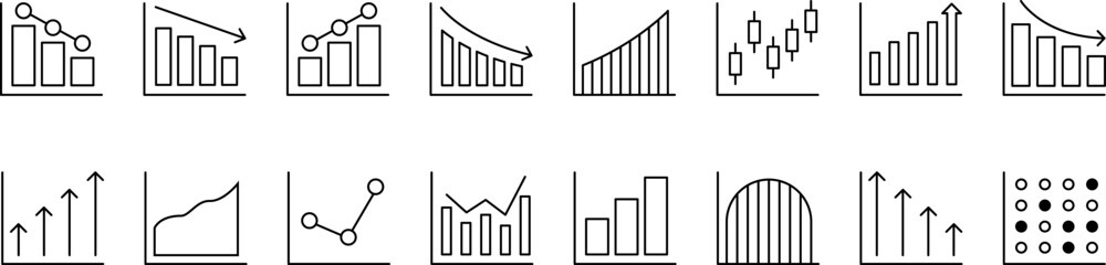 Business graphs and charts icon set. Bar graph, Chart and diagram set. Business statistics, analytics, finance report, economy statistic charts money diagrams, up down arrow. Vector infographic
