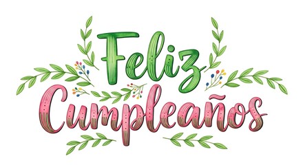 Decorative Hand Lettering Feliz Cumpleaños with Floral Watercolor Style Elements Greeting