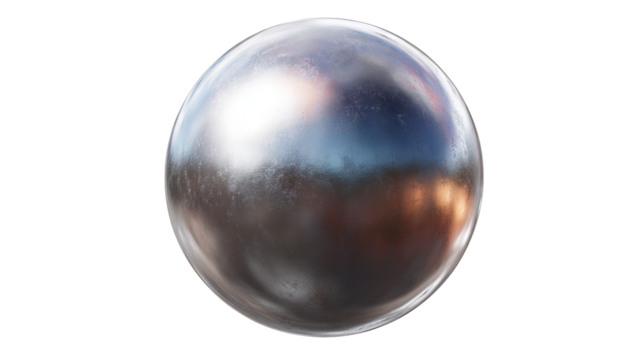Realistic chrome metal ball — high-resolution PNG cutout on transparent background, isolated shiny steel sphere with soft shadow for graphic design, 3d rendering mockups, product visuals, web & app UI