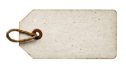 Rustic white paper tag label mockup — blank textured craft label with string hole, isolated high-resolution PNG cutout on transparent background for branding, pricing, gift tags, packaging