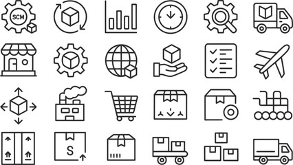 Supply chain management icons set vector illustration for logistics and distribution services