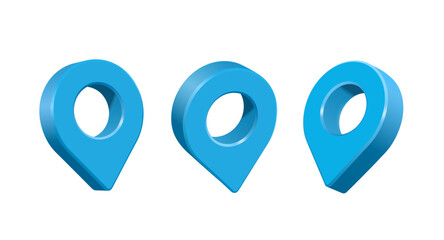 Blue pin location or pin map on GPS application 3 view place on white background, vector 3d illustration on isolated background for advertising design