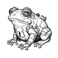 A detailed black and white line art illustration of a mechanical steampunk frog with gear eyes and a keyhole.