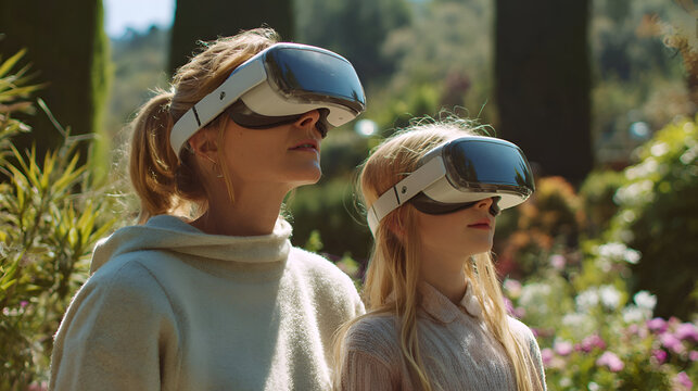 Mother and daughter explore new virtual worlds together, experiencing wonder and shared adventure in a beautiful outdoor setting.