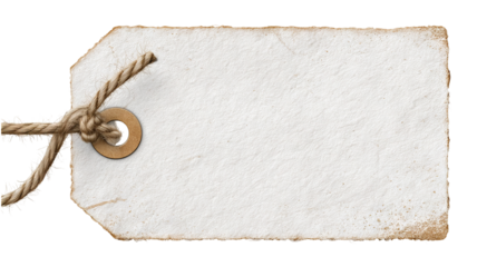 Rustic white paper tag label mockup — blank textured craft label with string hole, isolated high-resolution PNG cutout on transparent background for branding, pricing, gift tags, packaging