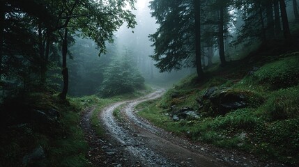 Fototapeta premium Forked Path in Misty Deep Forest, Mysterious Outdoor Landscape